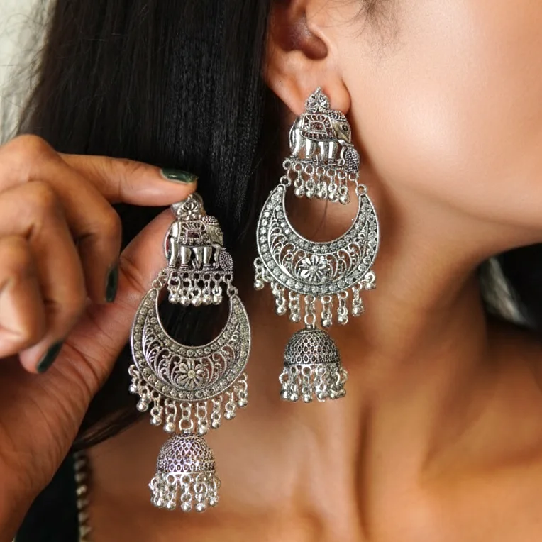 Elephant motif oxidized earrings for women and girls