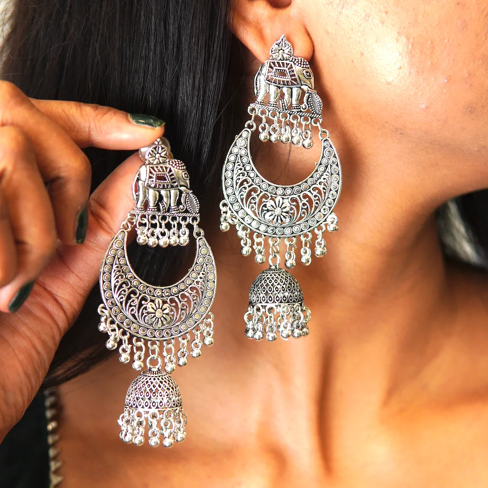 Elephant motif oxidized earrings for women and girls