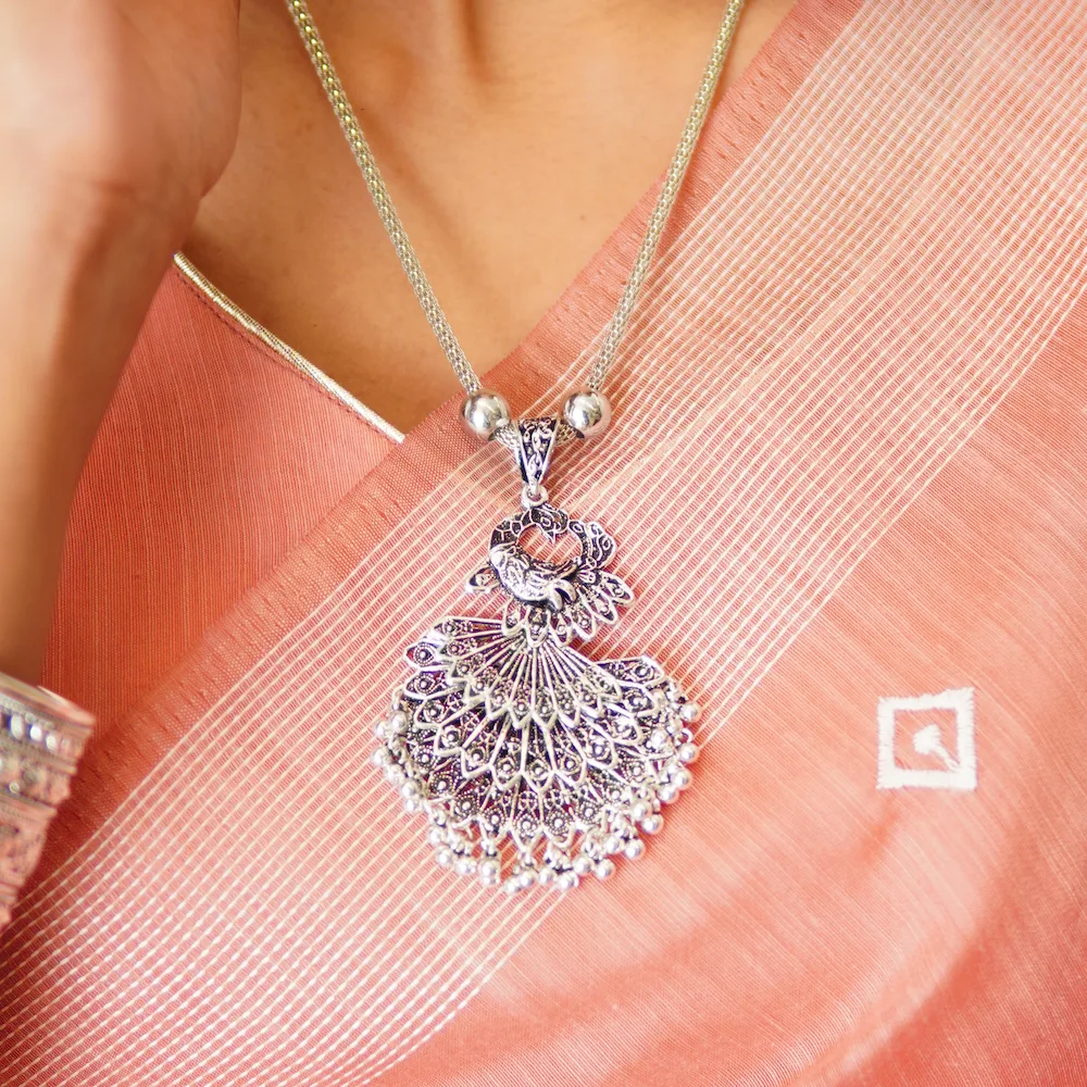 Woman wearing oxidised classic necklace set for weddings and festivals