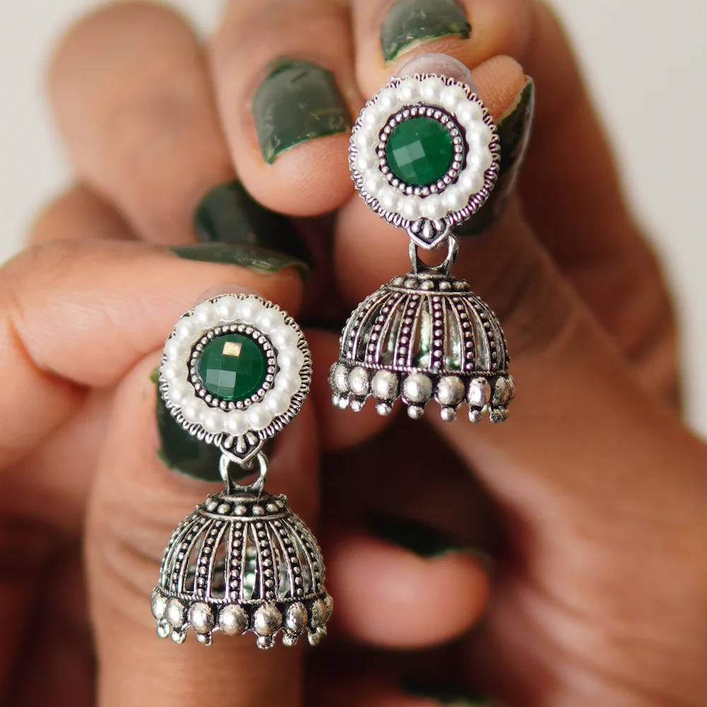 Side view of moti jhumka earrings lightweight jewelry for festivals