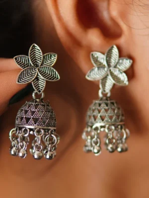 Oxidised Flower Jhumka Earrings for Women and Girls
