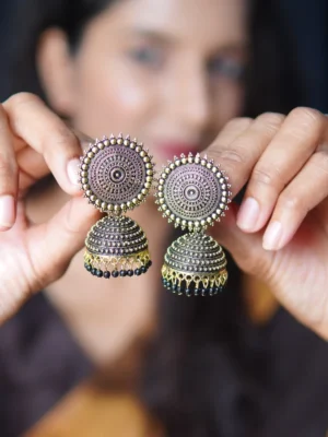 Golden and black jhumka – traditional handcrafted earrings by Huviena
