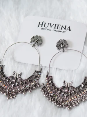 Oxidised Peacock Earring front view – handcrafted ethnic jewellery