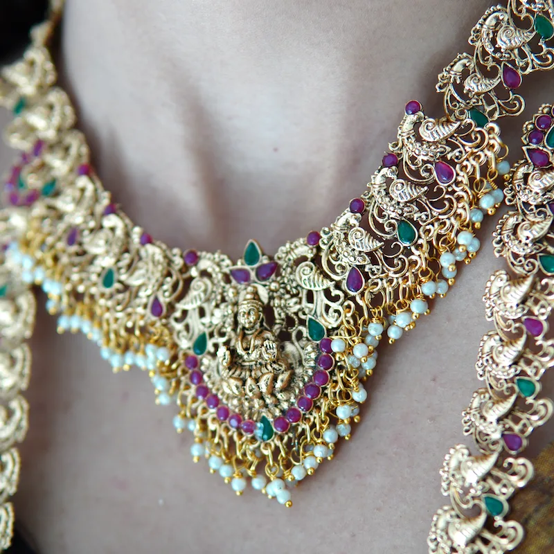 Temple-style bridal jewellery with intricate detailing