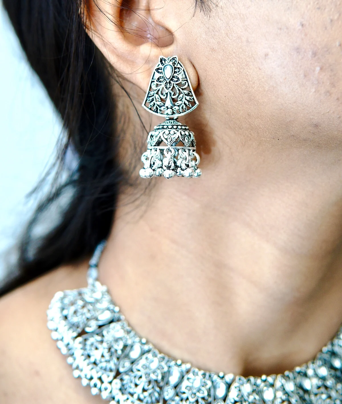 Classic Ethnic Oxidised Necklace with Earring Set - Image 3