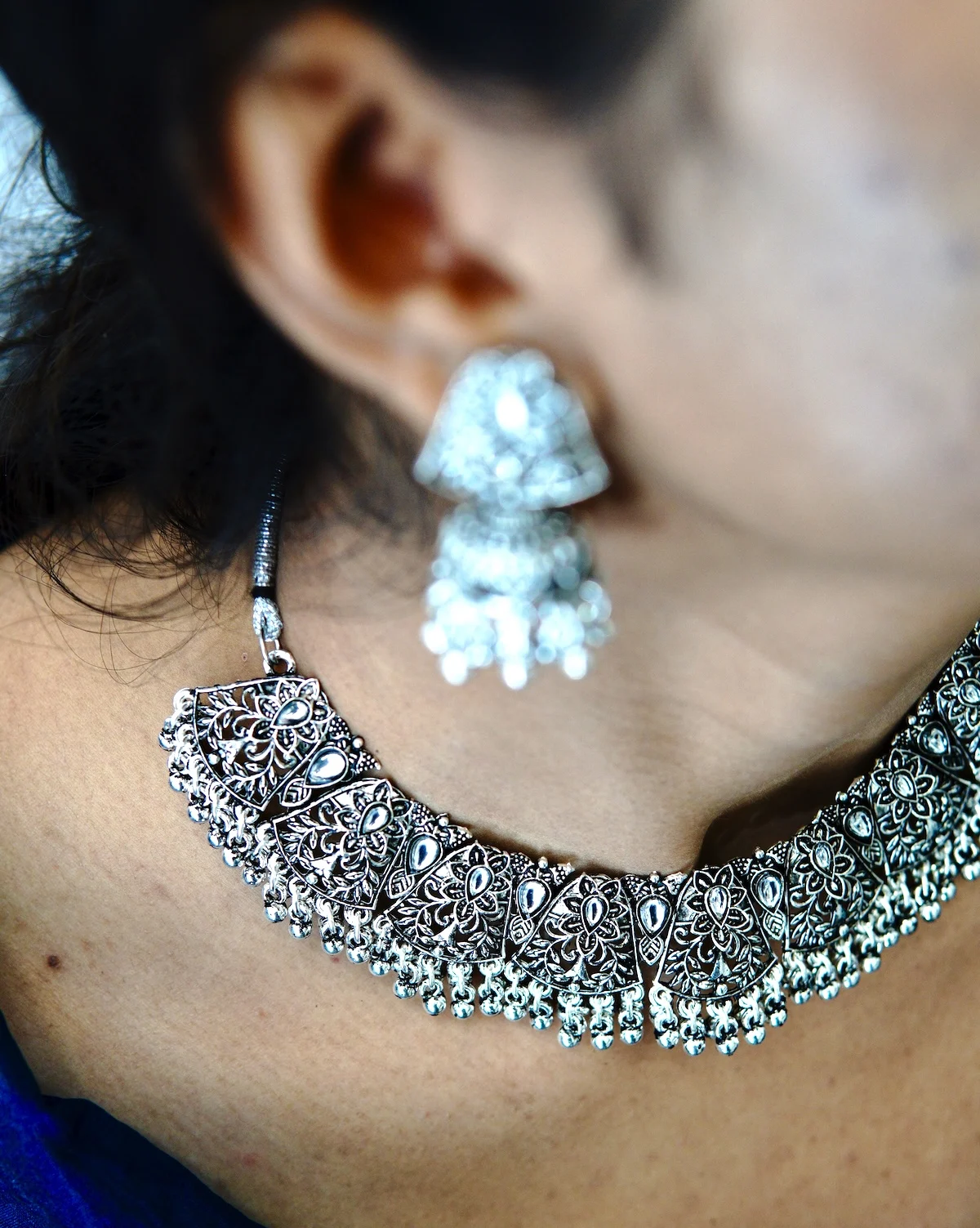 Classic Ethnic Oxidised Necklace with Earring Set - Image 4
